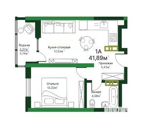 1-к квартира, строящийся дом, 42м2, 14/16 этаж