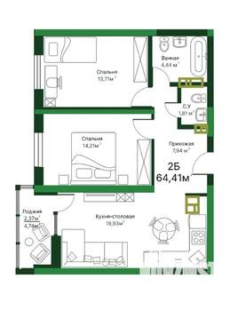 2-к квартира, строящийся дом, 65м2, 2/16 этаж