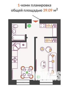 1-к квартира, строящийся дом, 39м2, 10/10 этаж