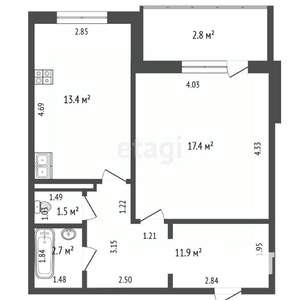 1-к квартира, вторичка, 53м2, 3/9 этаж