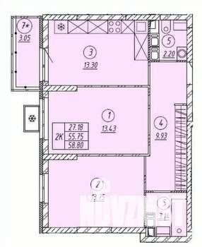 2-к квартира, строящийся дом, 57м2, 8/9 этаж