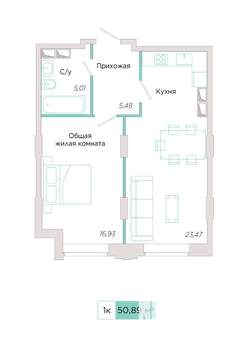 1-к квартира, строящийся дом, 51м2, 16/23 этаж