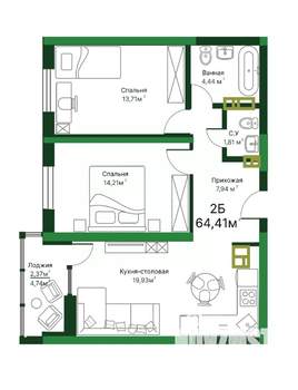 2-к квартира, строящийся дом, 64м2, 12/16 этаж