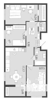 3-к квартира, вторичка, 74м2, 7/17 этаж