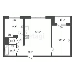 2-к квартира, вторичка, 53м2, 8/9 этаж