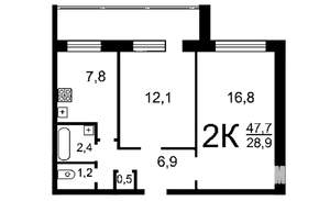 2-к квартира, вторичка, 45м2, 2/12 этаж