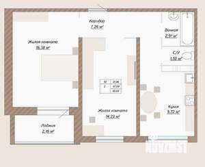 2-к квартира, вторичка, 60м2, 9/16 этаж