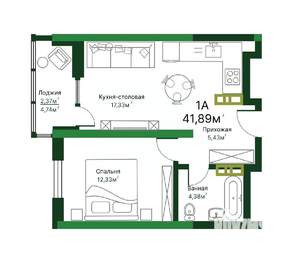 1-к квартира, строящийся дом, 42м2, 12/16 этаж