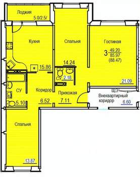 3-к квартира, строящийся дом, 88м2, 2/7 этаж