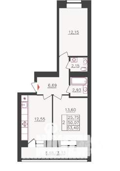2-к квартира, вторичка, 53м2, 3/10 этаж
