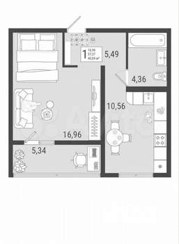 1-к квартира, сданный дом, 40м2, 2/10 этаж