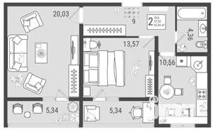 2-к квартира, строящийся дом, 63м2, 1/9 этаж