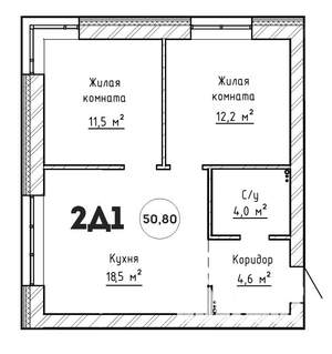 2-к квартира, вторичка, 51м2, 1/6 этаж