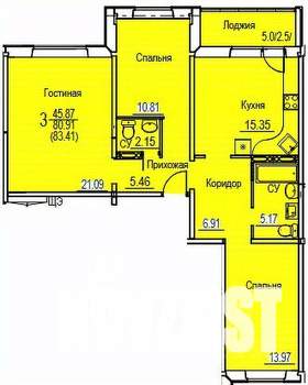 3-к квартира, строящийся дом, 83м2, 3/7 этаж