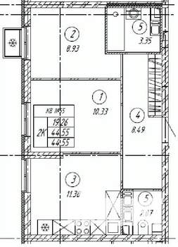 2-к квартира, строящийся дом, 45м2, 1/9 этаж