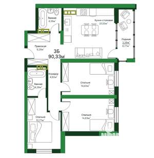 3-к квартира, строящийся дом, 90м2, 15/16 этаж