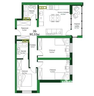 3-к квартира, строящийся дом, 90м2, 16/16 этаж
