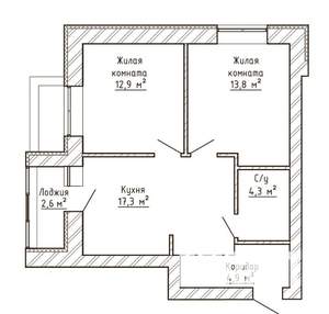 2-к квартира, строящийся дом, 55м2, 6/9 этаж