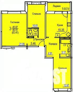 3-к квартира, строящийся дом, 83м2, 1/7 этаж
