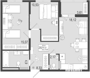 2-к квартира, вторичка, 61м2, 10/17 этаж