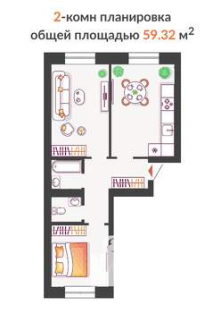 2-к квартира, строящийся дом, 59м2, 10/10 этаж