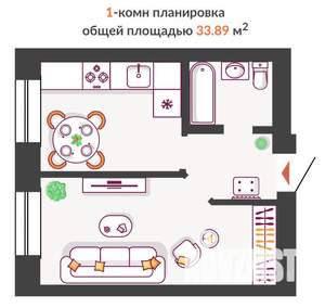 1-к квартира, строящийся дом, 34м2, 10/10 этаж