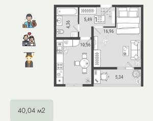 1-к квартира, вторичка, 40м2, 2/9 этаж