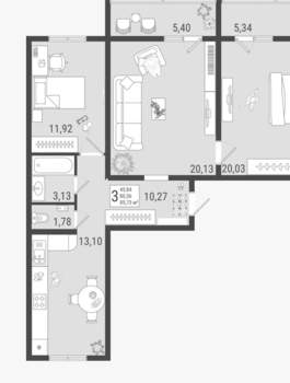 3-к квартира, сданный дом, 86м2, 1/9 этаж