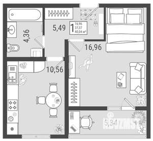 1-к квартира, строящийся дом, 40м2, 8/9 этаж