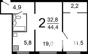 2-к квартира, вторичка, 45м2, 5/5 этаж