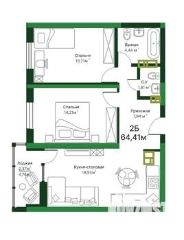 2-к квартира, строящийся дом, 65м2, 3/16 этаж