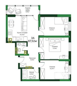 3-к квартира, вторичка, 88м2, 4/16 этаж