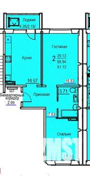 2-к квартира, вторичка, 61м2, 6/7 этаж