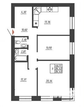 3-к квартира, вторичка, 84м2, 7/10 этаж