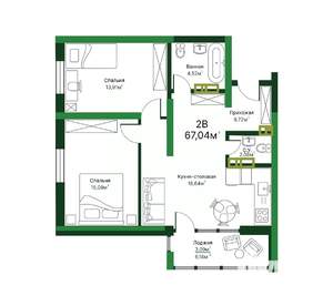2-к квартира, строящийся дом, 67м2, 13/16 этаж