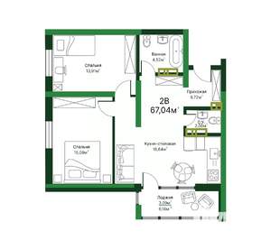 2-к квартира, строящийся дом, 67м2, 12/16 этаж