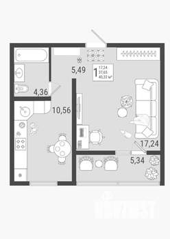 1-к квартира, строящийся дом, 40м2, 6/9 этаж