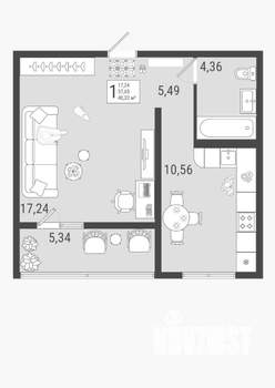 1-к квартира, строящийся дом, 40м2, 2/9 этаж
