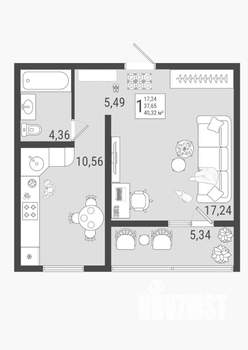 1-к квартира, строящийся дом, 40м2, 1/9 этаж