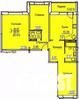 3-к квартира, строящийся дом, 83м2, 1/7 этаж