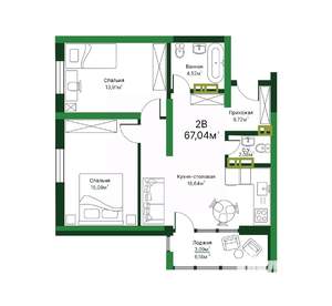 2-к квартира, строящийся дом, 67м2, 16/16 этаж