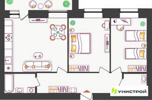 2-к квартира, вторичка, 69м2, 1/10 этаж
