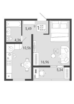 1-к квартира, строящийся дом, 40м2, 9/9 этаж