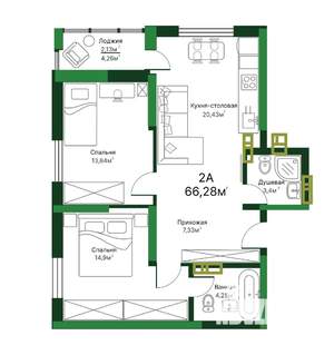 2-к квартира, строящийся дом, 66м2, 9/16 этаж