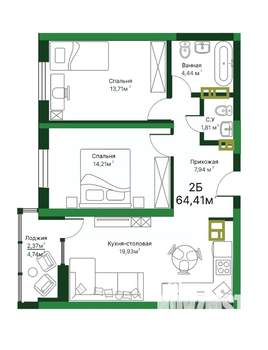 2-к квартира, строящийся дом, 64м2, 15/16 этаж