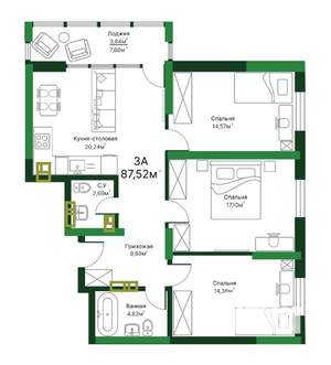 3-к квартира, строящийся дом, 88м2, 13/16 этаж