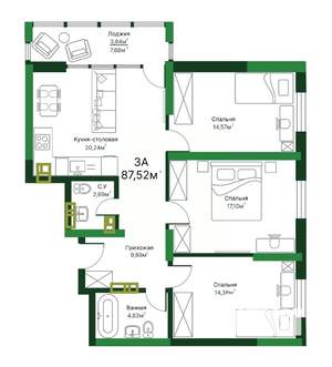 3-к квартира, строящийся дом, 88м2, 8/16 этаж