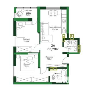2-к квартира, строящийся дом, 67м2, 5/16 этаж