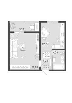 1-к квартира, строящийся дом, 44м2, 1/9 этаж