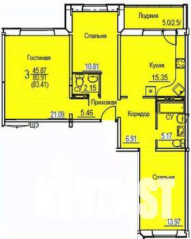 3-к квартира, строящийся дом, 83м2, 2/7 этаж